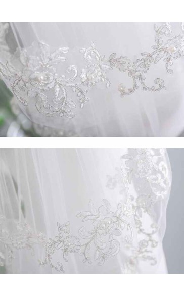 Two-tier Lace Applique Edge Elbow Bridal Veils With Lace