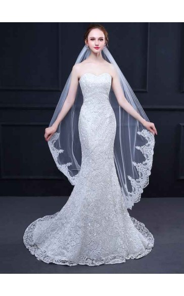 One-tier Lace Applique Edge Waltz Bridal Veils With Lace