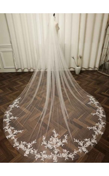 One-tier Lace Applique Edge Cathedral Bridal Veils With Lace