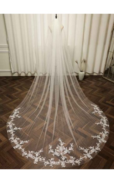 One-tier Lace Applique Edge Cathedral Bridal Veils With Lace