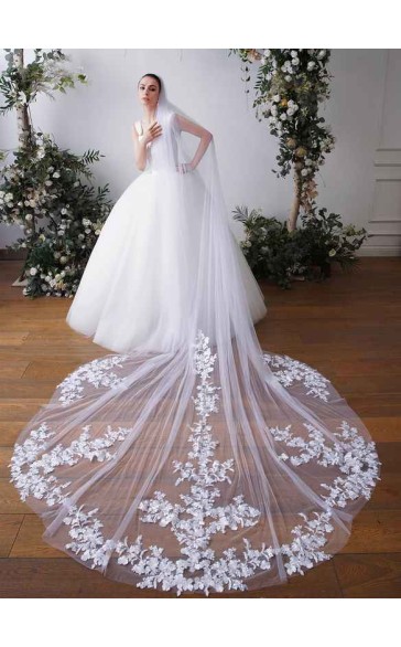 One-tier Cut Edge Cathedral Bridal Veils With Lace