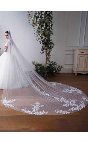 One-tier Cut Edge Cathedral Bridal Veils With Lace