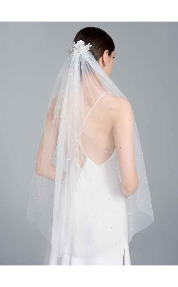 One-tier Cut Edge Fingertip Bridal Veils With Faux Pearl