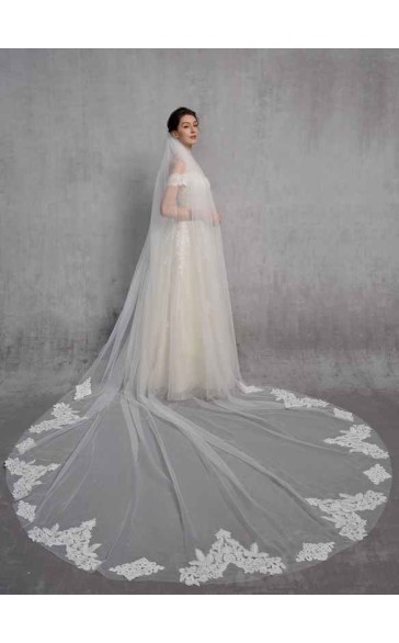 One-tier Lace Applique Edge Cathedral Bridal Veils With Lace