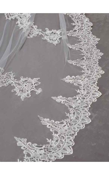 One-tier Lace Applique Edge Cathedral Bridal Veils With Lace