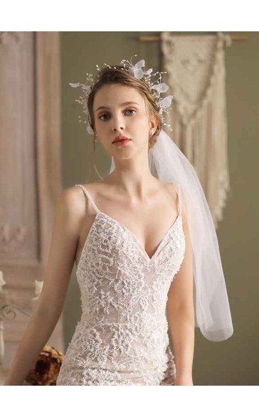 One-tier Cut Edge Elbow Bridal Veils With Lace