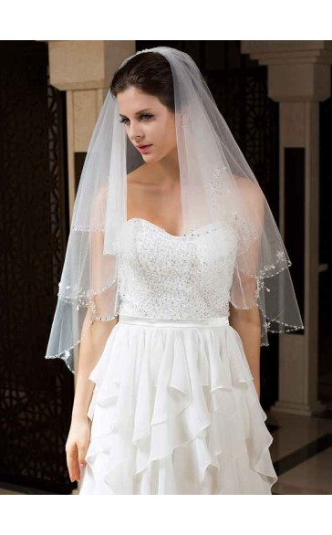 Two-tier Beaded Edge Elbow Bridal Veils With Beading/Sequin