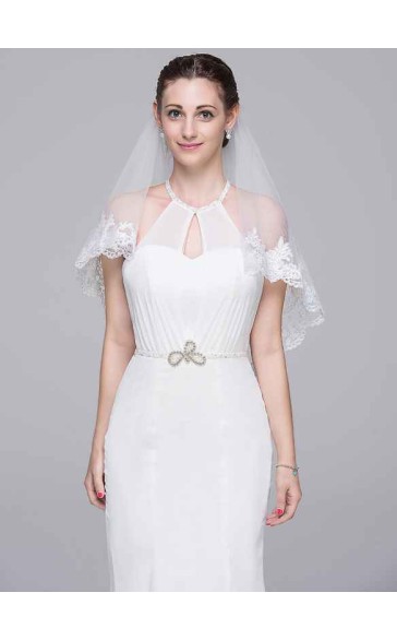 Two-tier Lace Applique Edge Elbow Bridal Veils With Lace