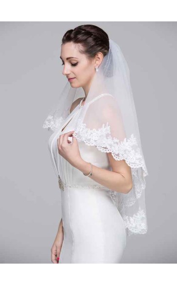 Two-tier Lace Applique Edge Elbow Bridal Veils With Lace